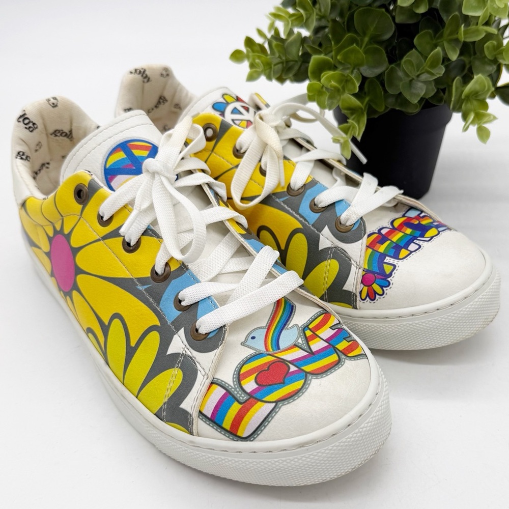 GOBY Vegan Leather Love Peace Colorful Floral Lace Up Sneaker Size 11 Festive